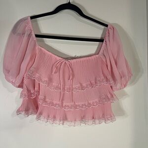 Elegant Pink Lace Trim Blouse